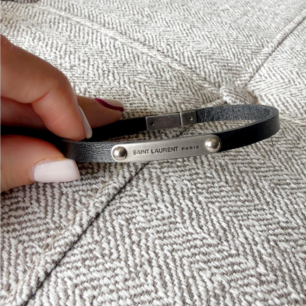 Saint Laurent Black Leather Bracelet with Silver Details
